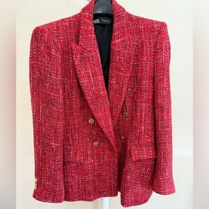 Zara Red Tweed Jacket with Multicolor Flecks